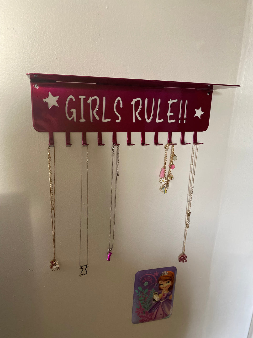 Jewelry/Medal rack with shelf, metal hooks